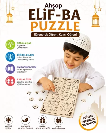 Ahşap Elif Ba Puzzle Dini Yapboz Eğitici Oyuncak 4 Yaş ve Üzeri Eğitime Yardımcı Oyuncak
