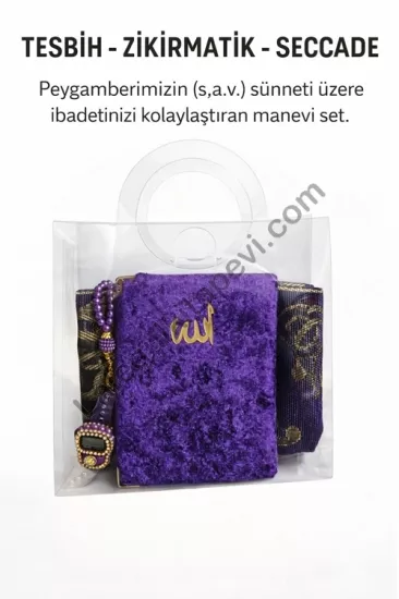 Özel Çantalı Kadife Kaplı Yasin Kitabı Tesbih Zikirmatik Seccade Seti 