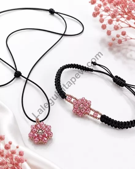 El Yapımı Krıstal Cevşen Bileklik ve Kolye ikili Set Pembe