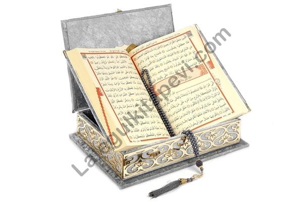 Kadife kaplı pleksi işlemeli sandıklı Kuranı Kerim Gri