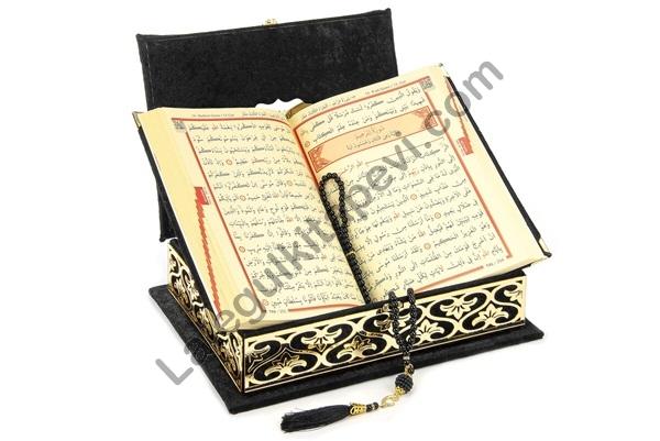 Kadife kaplı pleksi işlemeli sandıklı Kuranı Kerim Siyah